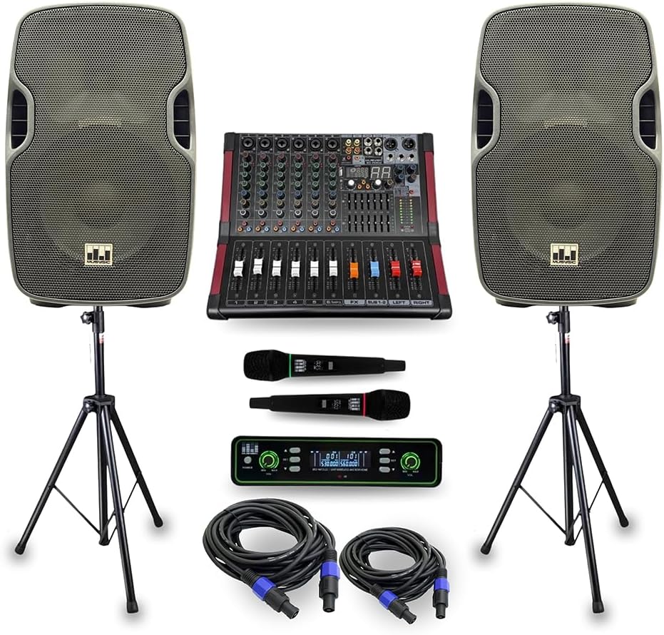 MUSYSIC Portable 2000W PA System 6 Channel Mixer with UHF Wireless Microphone and 10 Inch 800W Speaker, Includes Stands