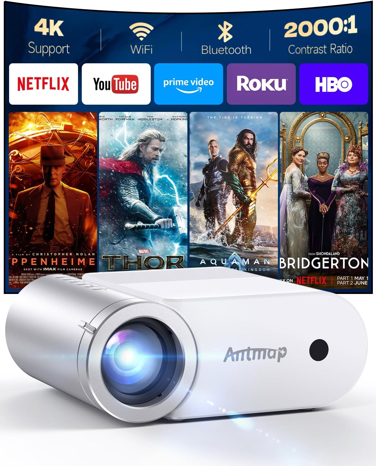 400 ANSI WiFi Bluetooth Mini Projector, 1080P Outdoor Home Theater 4K Support, 200-Inch Wireless Projection for Smartphones