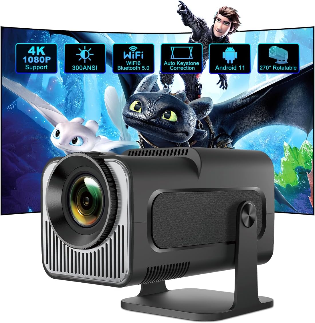 HY320 Portable Mini Projector Full HD 4K Support Android 11 WIFI 6 Bluetooth 5 300ANSI 130" Screen 270° Rotatable