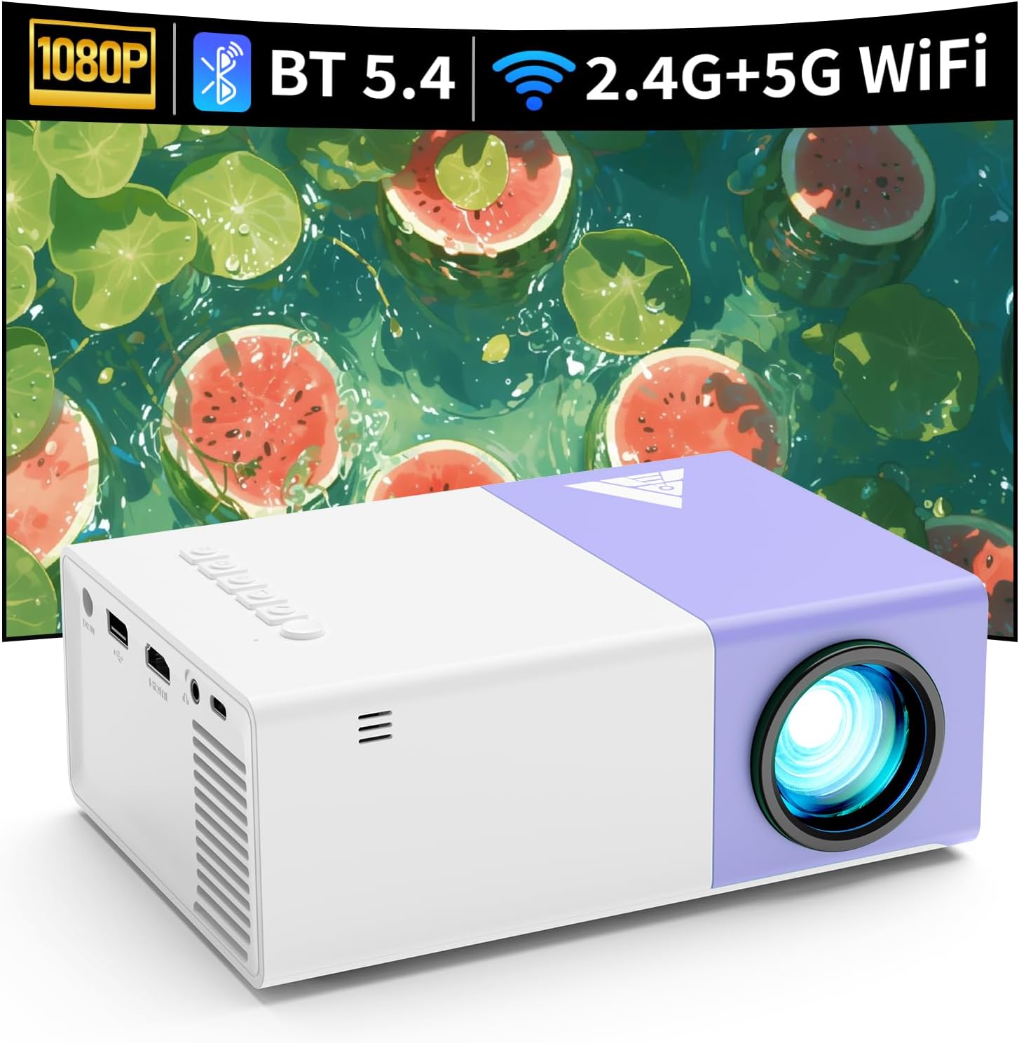 Portable WiFi 1080P HD Mini Projector Outdoor Movie Compatible with Phone Tablet Laptop TV Stick - Purple White