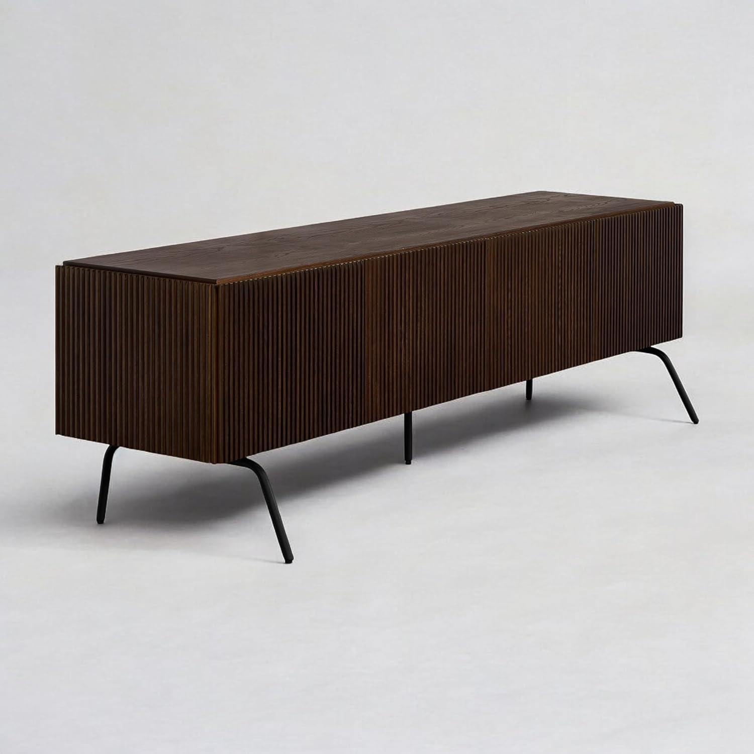 NTC Dark Walnut Veil TV Stand 75 inch Capacity 4 Doors Groove Design Metal Legs