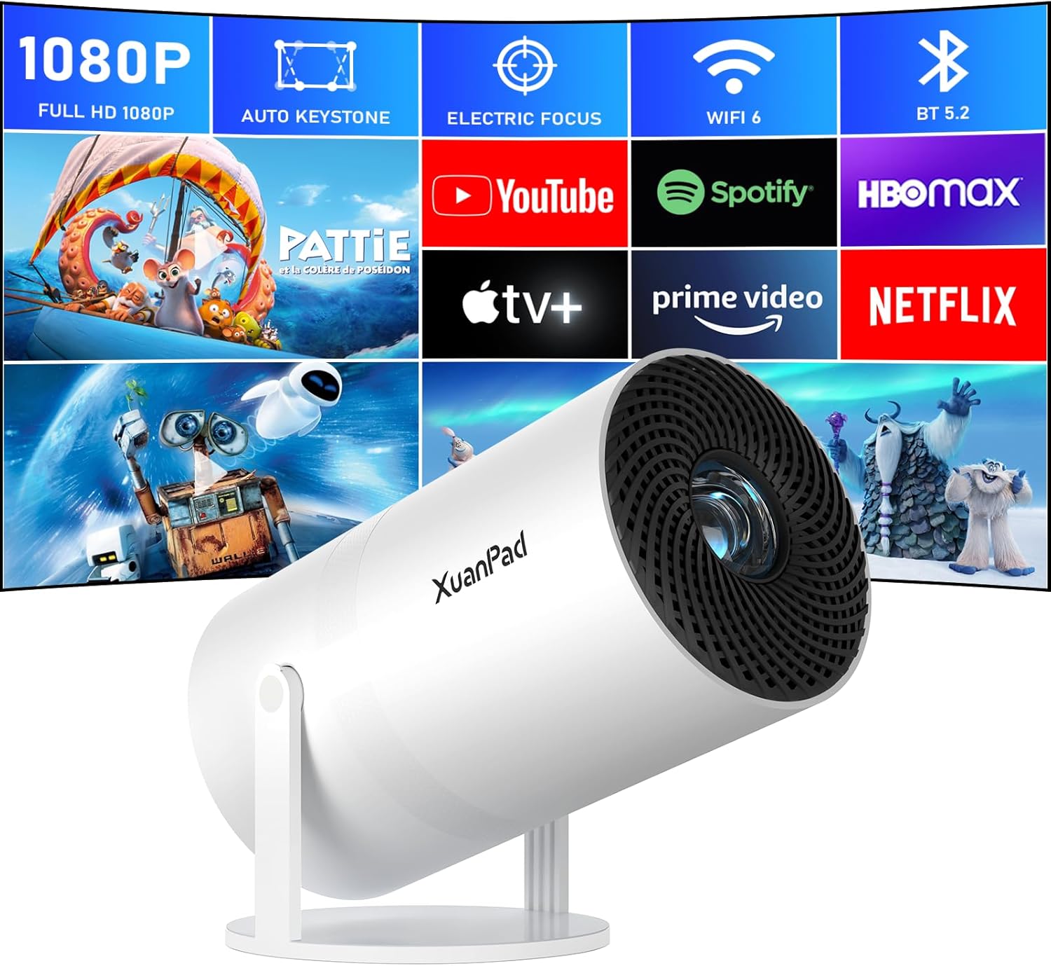 XuanPad Portable Full HD 1080P Projector with WiFi Bluetooth, 210° Stand, Auto Keystone, Dust Removal, Heat Dissipation