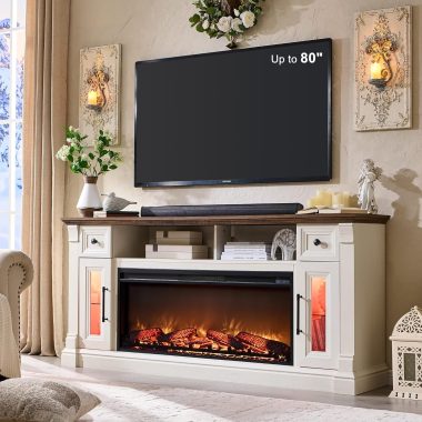 Farmhouse Antique White Fireplace TV Stand for 80 Inch TVs with 42" Electric Fireplace & LED Lights