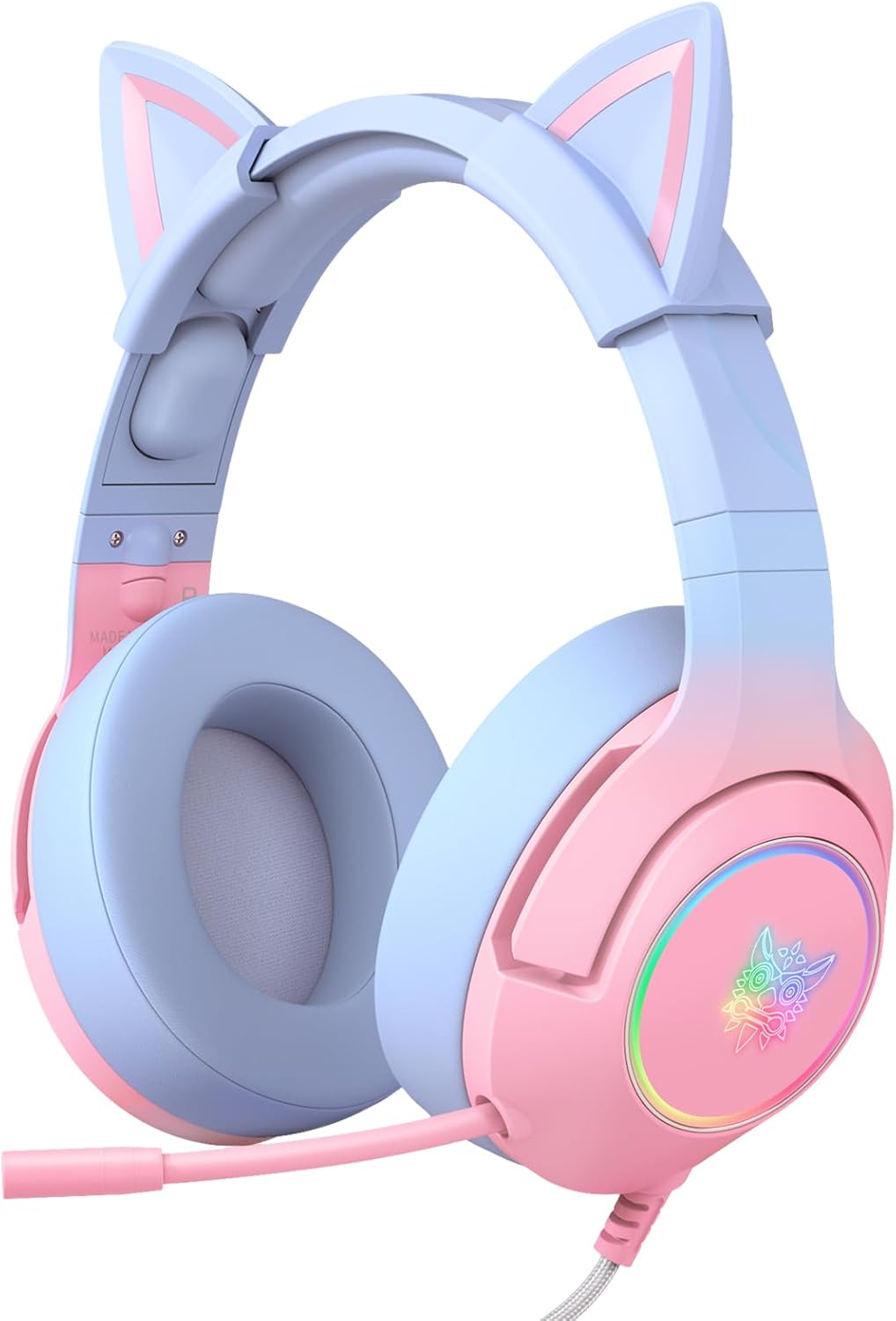 PHNIXGAM Gradient Pink Blue Cat Ear Gaming Headset for PS5, PS4, Xbox One with RGB Backlight and Retractable Microphone