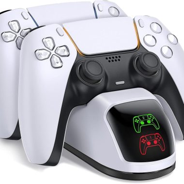 White PS5 DualSense Controller Charging Station with Dual Stand and Fast Charge Cable
