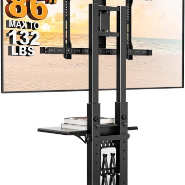 Perlegear Tall Floor TV Stand Mount for 32-86 inch TVs, 132 lbs Capacity, Swivel Wooden Base, Pegboard Organizer