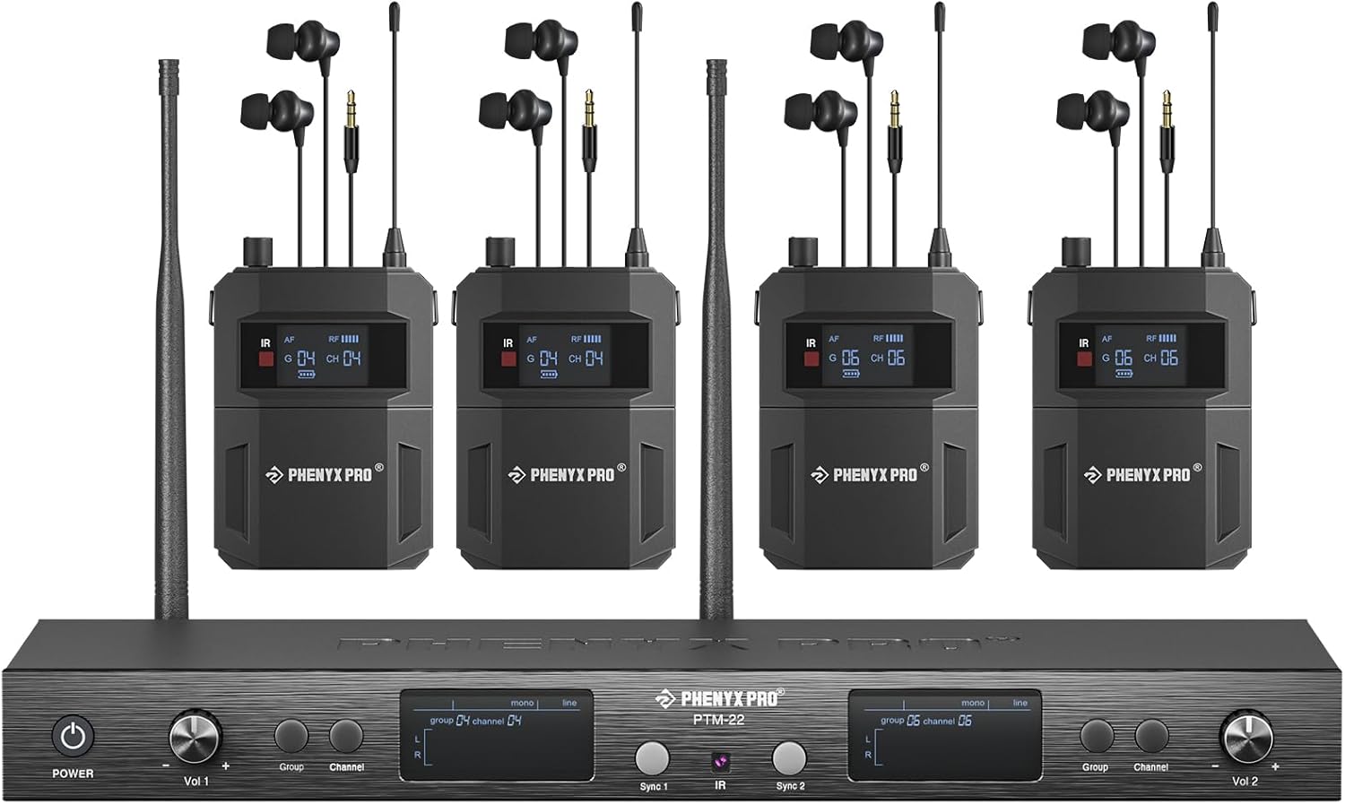Phenyx Pro Dual-Channel UHF Wireless In Ear Monitor System with 4 Bodypacks 164 ft Range