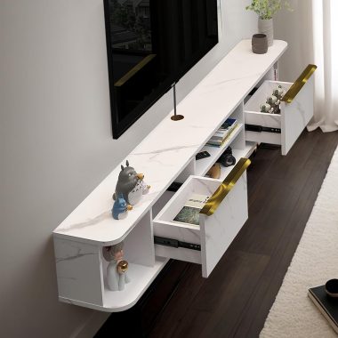 78 Inch White Floating TV Console with 2 Drawers Wall Mount Media Shelf