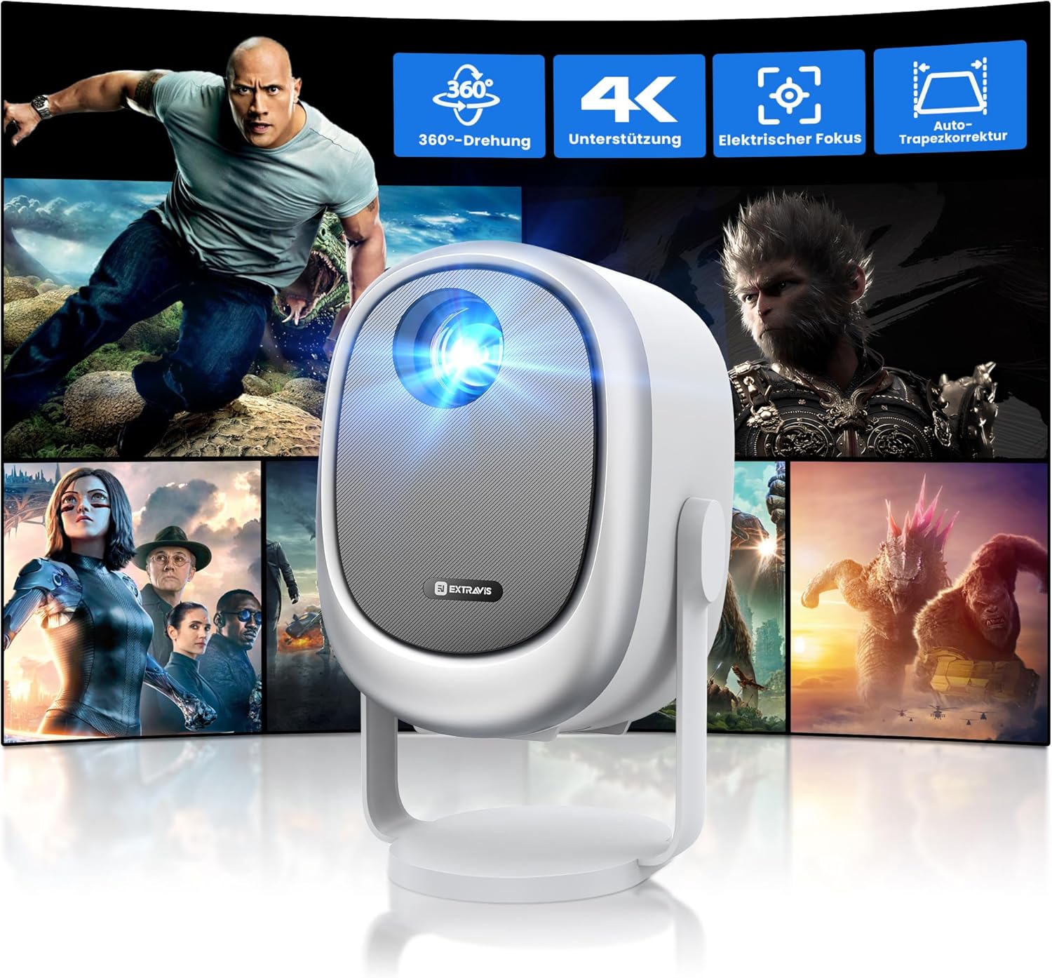 EXTRAVIS H1 Mini Portable Projector 500 ANSI 1080P HD WiFi Bluetooth E-Focus 360° Rotatable Auto Keystone Outdoor Home