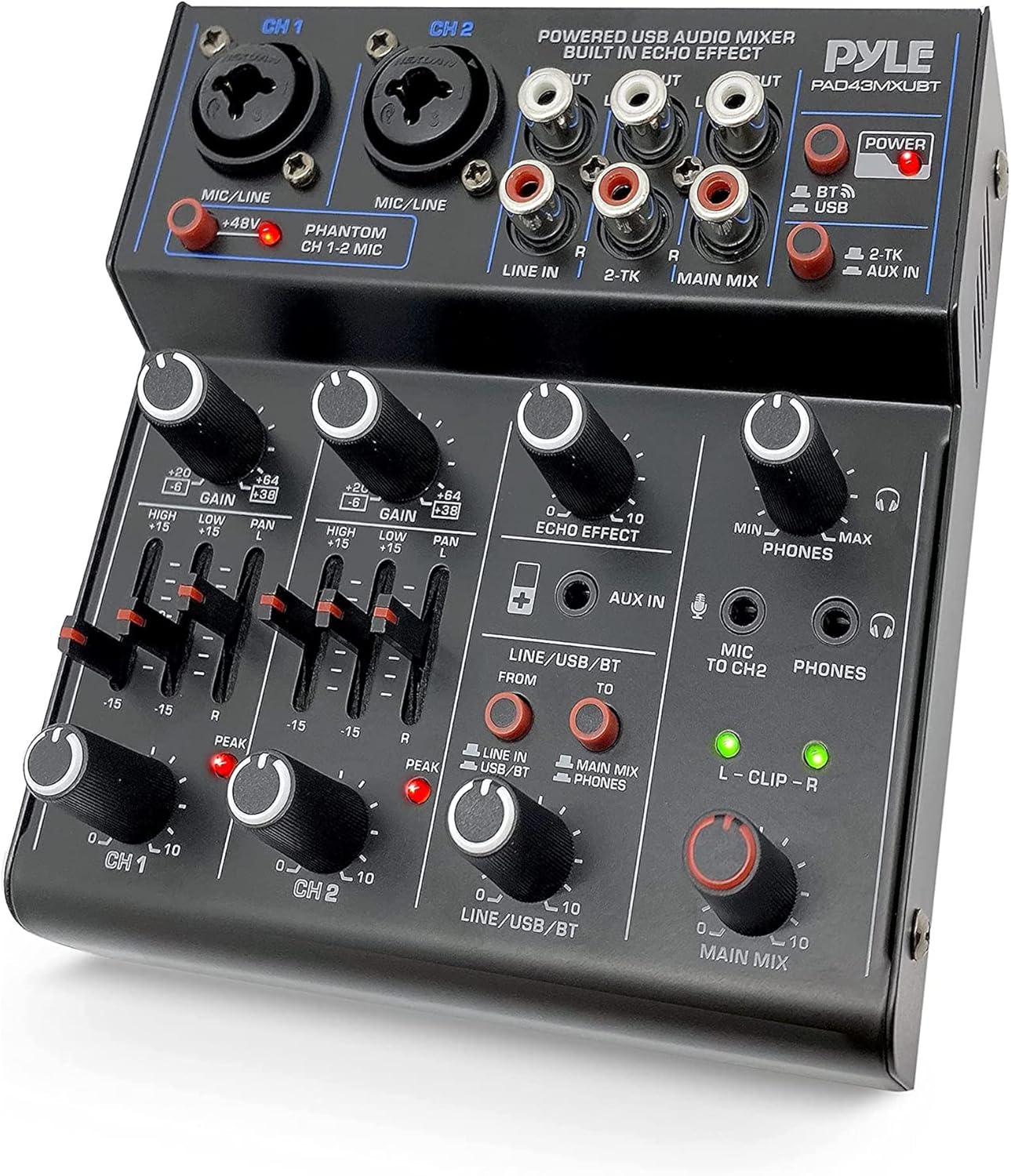 Pyle PAD43MXUBT 4-Channel Bluetooth DJ Audio Mixer with USB Interface and Combo Mic/Line/Guitar Inputs