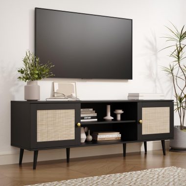 Black 59 Inch Rattan TV Stand for 55-70 Inch TVs, Boho Media Console with Storage and Adjustable Shelf