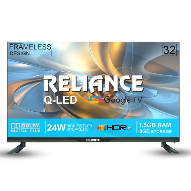 Reliance 32-inch HD Ready Smart QLED TV Black Frameless IPS A+ Display Voice Remote 24W Speakers 1.5GB RAM 8GB Storage
