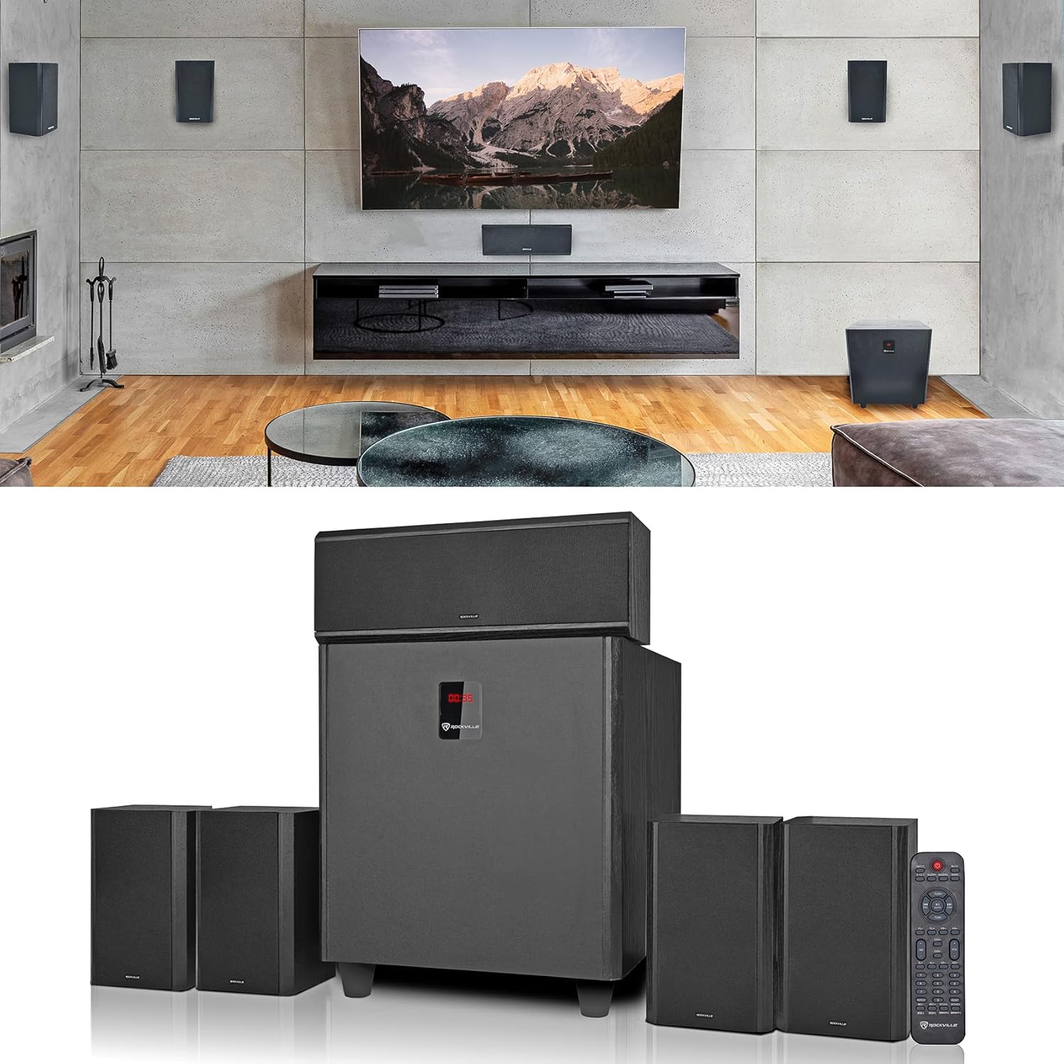 Rockville HTS820 1500W 5.1 Channel Home Theater System Bluetooth USB 8" Subwoofer Black