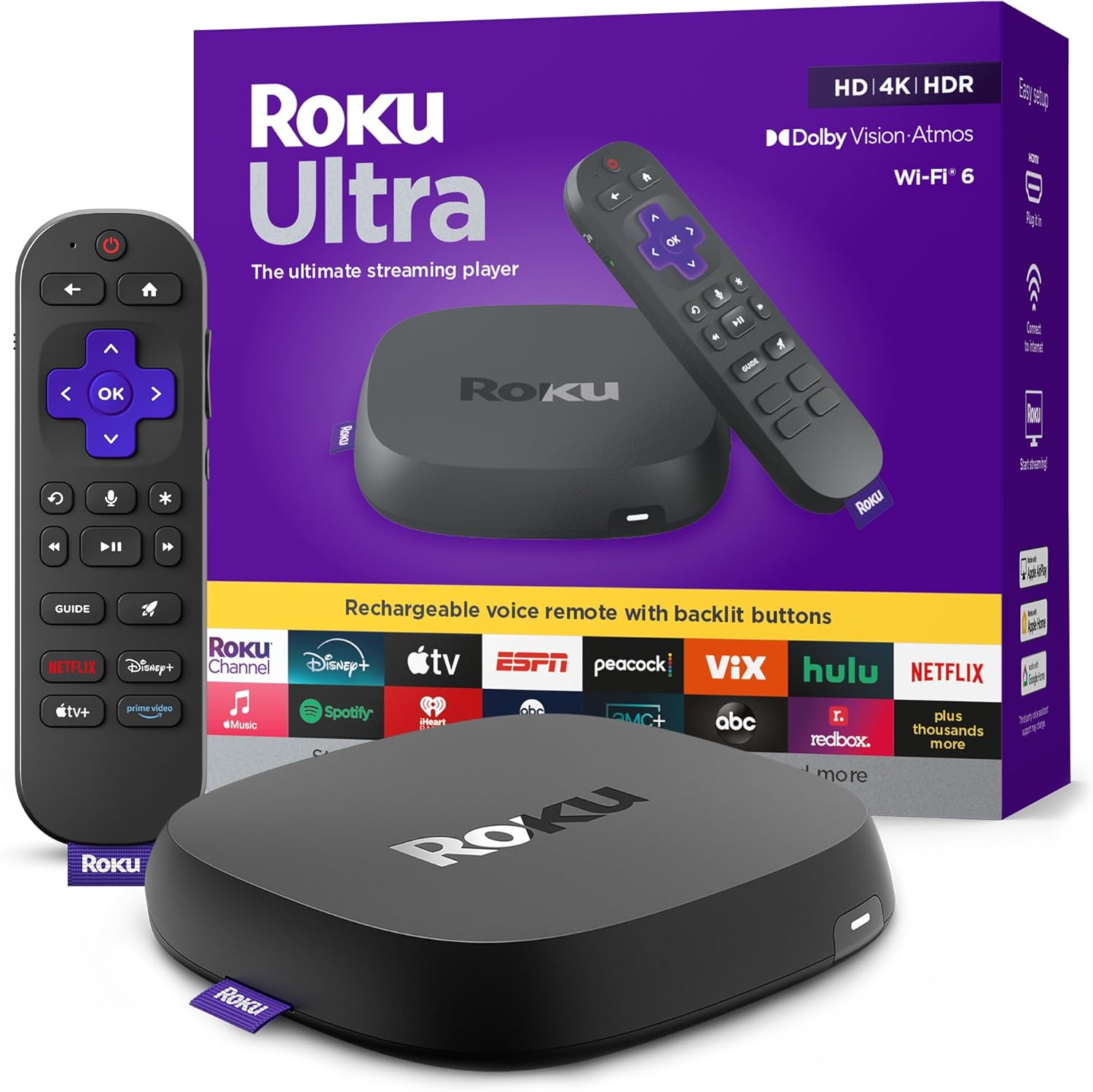 Roku Ultra 4K HDR10+ Dolby Vision Atmos Streaming Player with Wi-Fi 6 and Rechargeable Voice Remote Pro