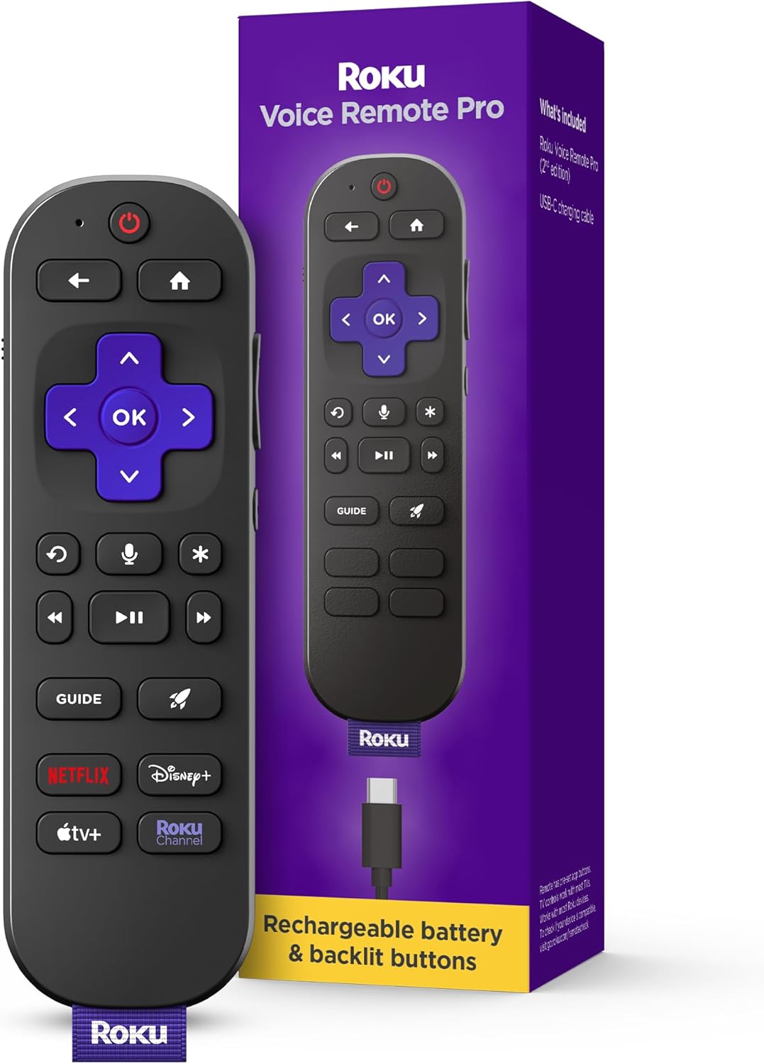 Rechargeable Roku Voice Remote Pro 2nd Edition with Backlit Buttons and Lost Remote Finder