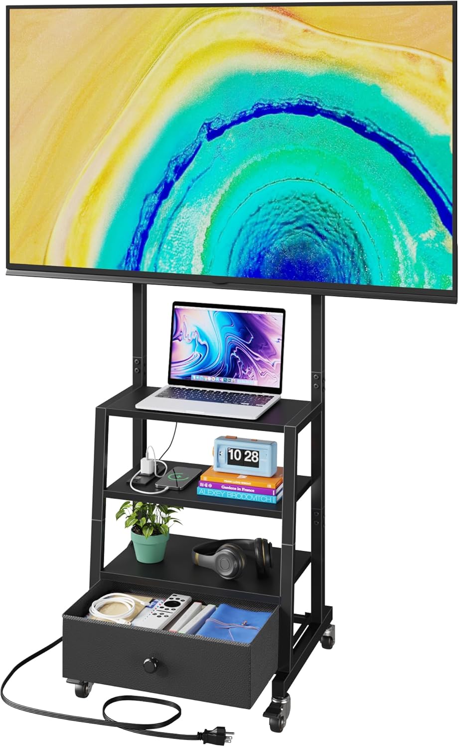 Rolling TV Stand with Mount and Fabric Drawer - 15 Inch Black Entertainment Center