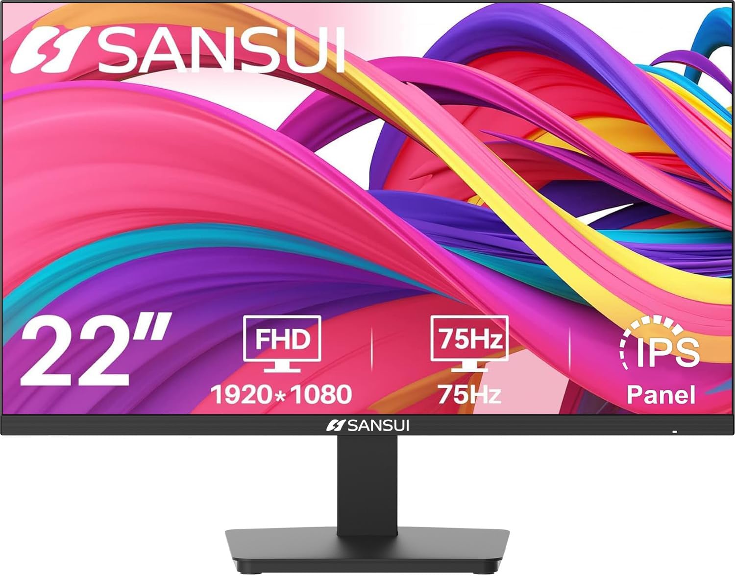 SANSUI 22-inch 1080p FHD 75Hz Computer Monitor, HDMI/VGA, Slim Bezel, Ergonomic Tilt, Eye Care LED, New