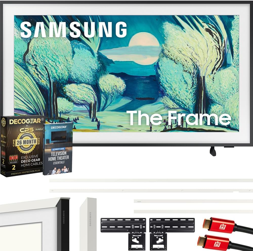 Samsung 50 Inch The Frame QLED 4K AI TV Bundle New with White Bezel & 26 Month Protection Plan