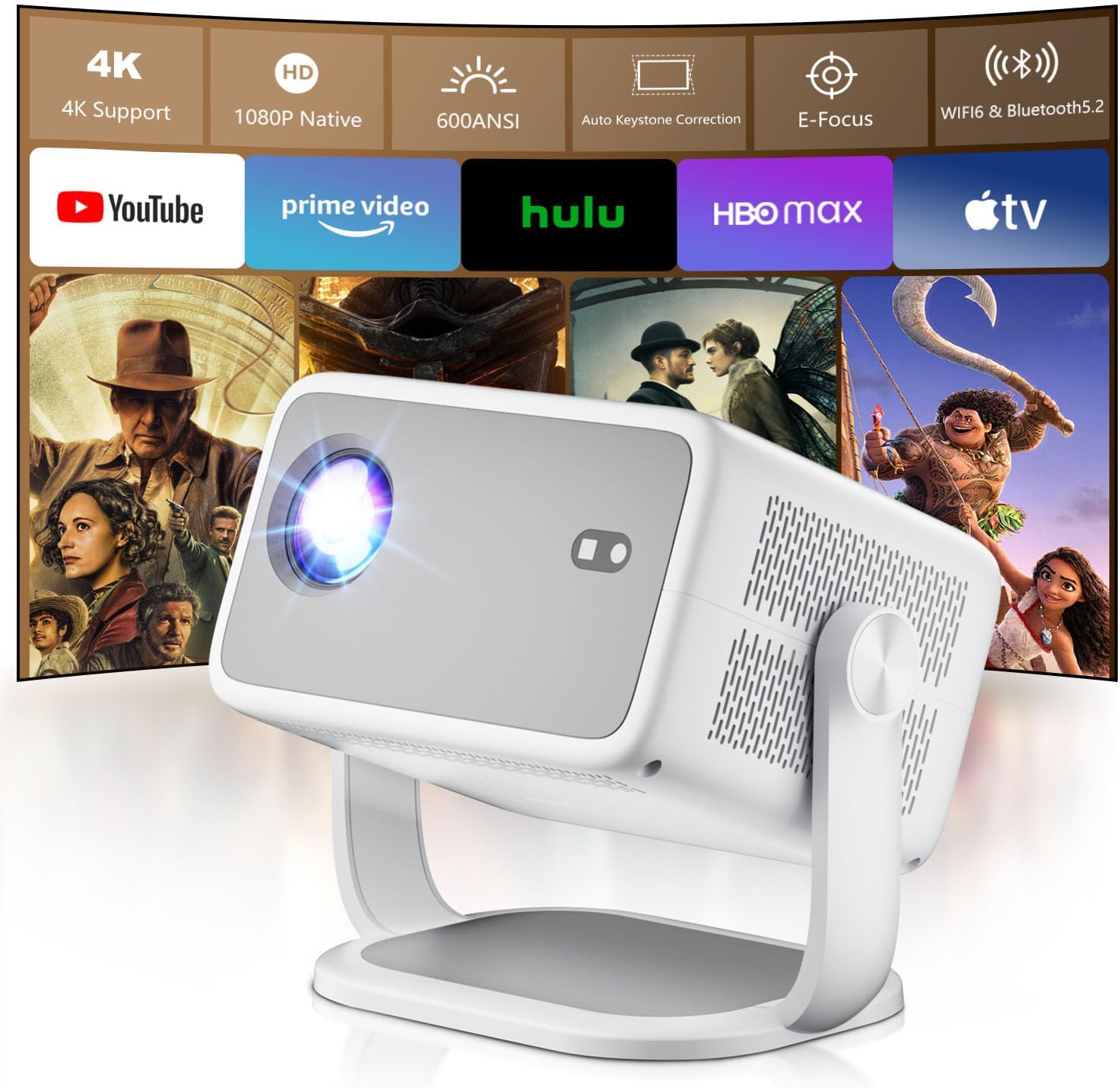 Smart Outdoor 4K Projector 2025 WiFi Bluetooth 600 ANSI Native 1080P Electric Focus Auto Keystone