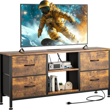 Rustic Brown TV Stand Dresser for 50 inch TVs with Power Outlet and 4 Fabric Drawers