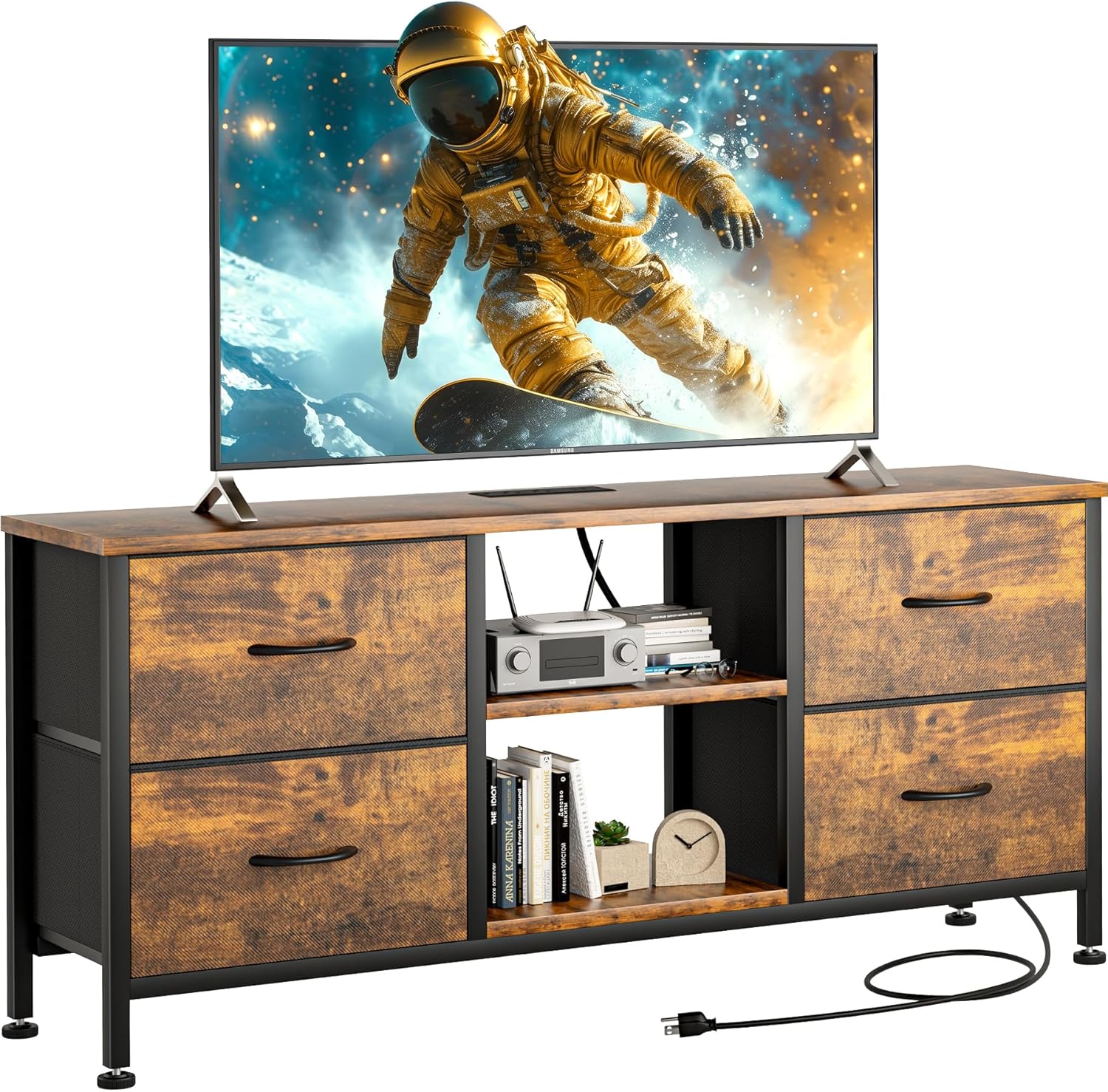 Rustic Brown TV Stand Dresser for 50 inch TVs with Power Outlet and 4 Fabric Drawers
