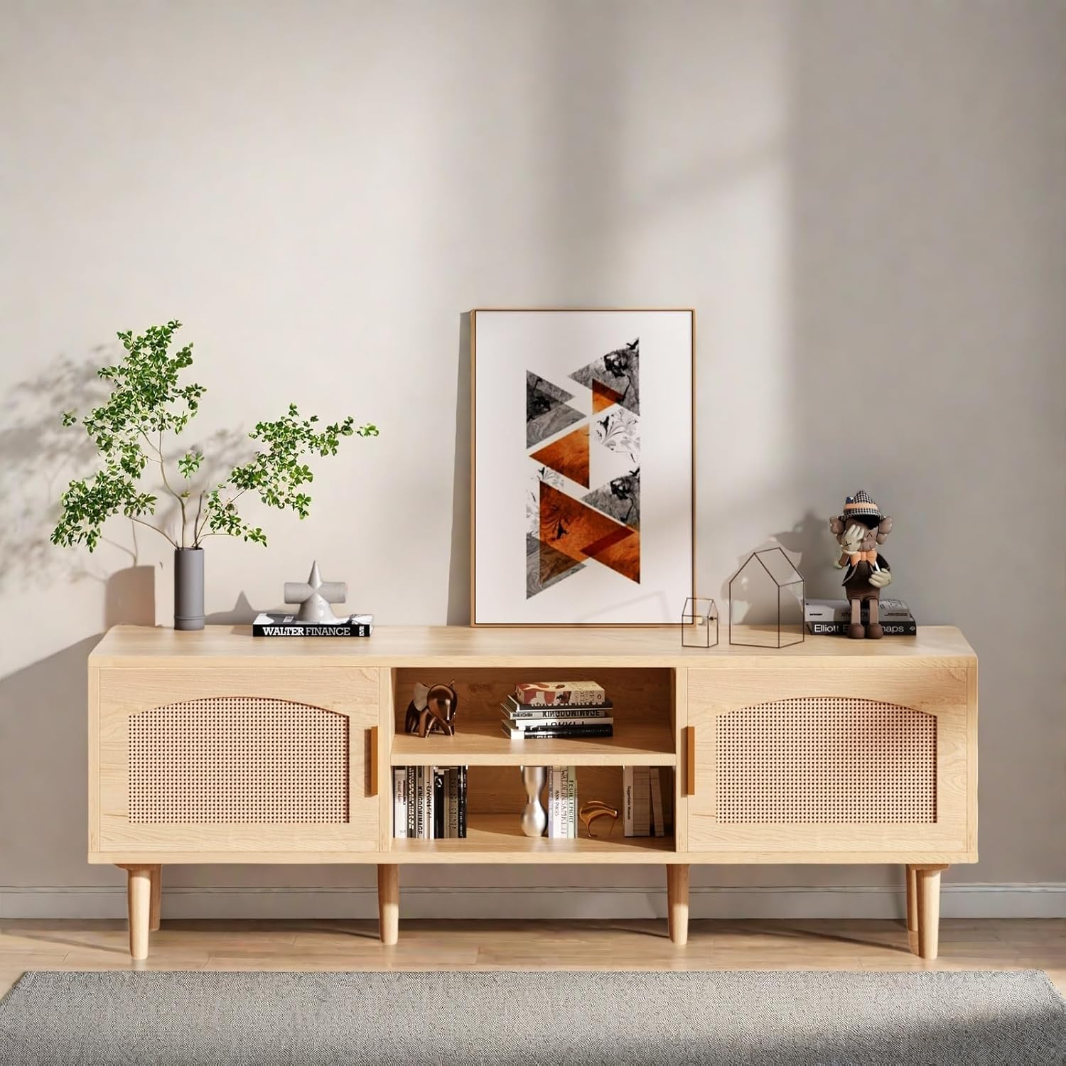 Natural Wood Fluted Entertainment Center TV Stand for TVs up to 60 Inches with Rattan Doors