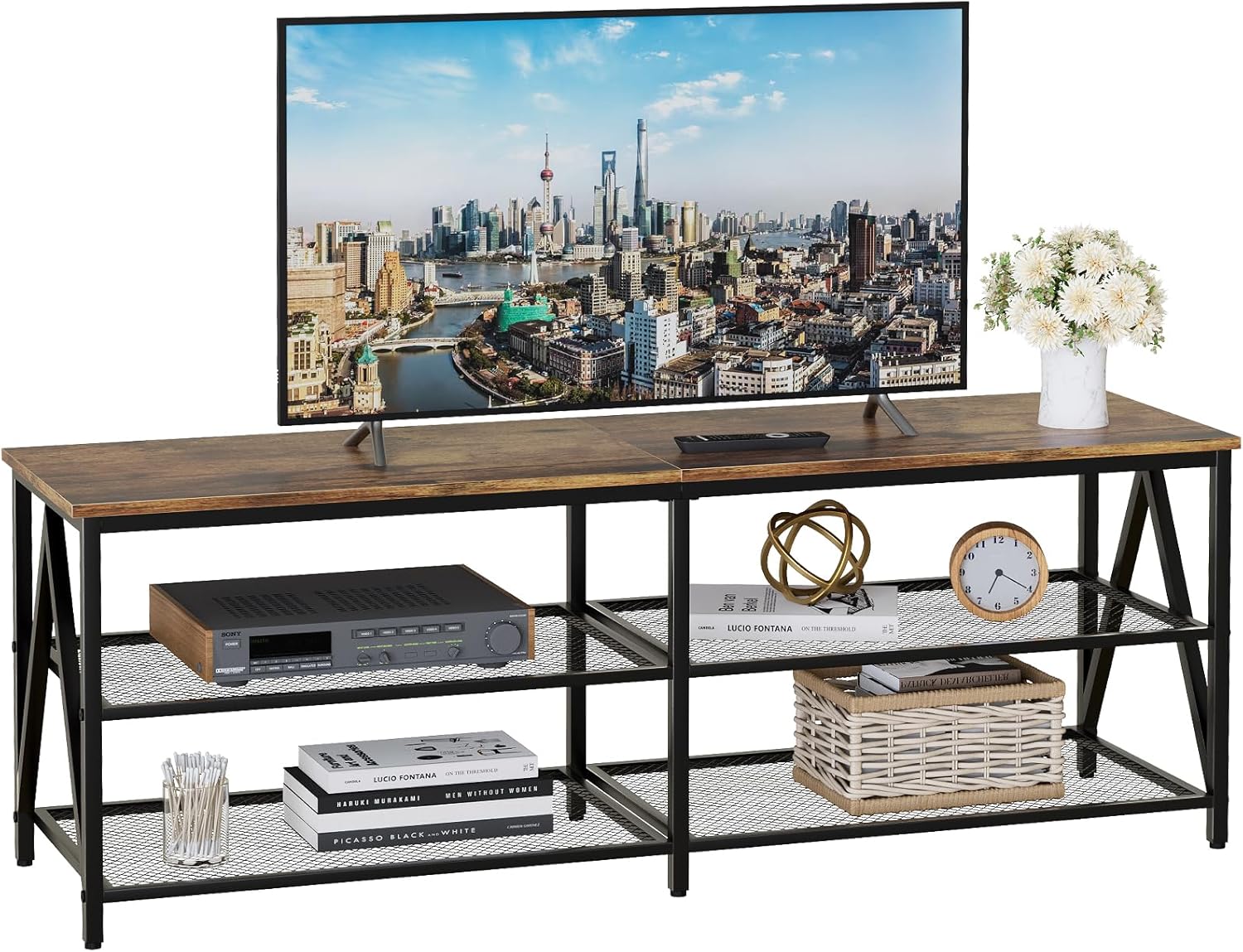 Rustic Brown 55 Inch TV Stand with 3 Tier Storage Shelves for Living Room