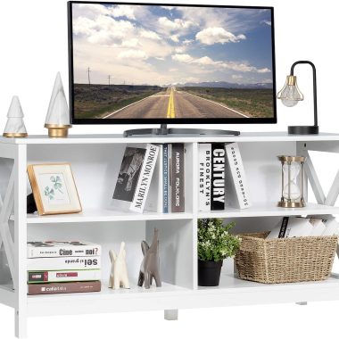 Tangkula White Farmhouse TV Stand Entertainment Center, 47 Inch, 4 Open Shelves, X-Frame