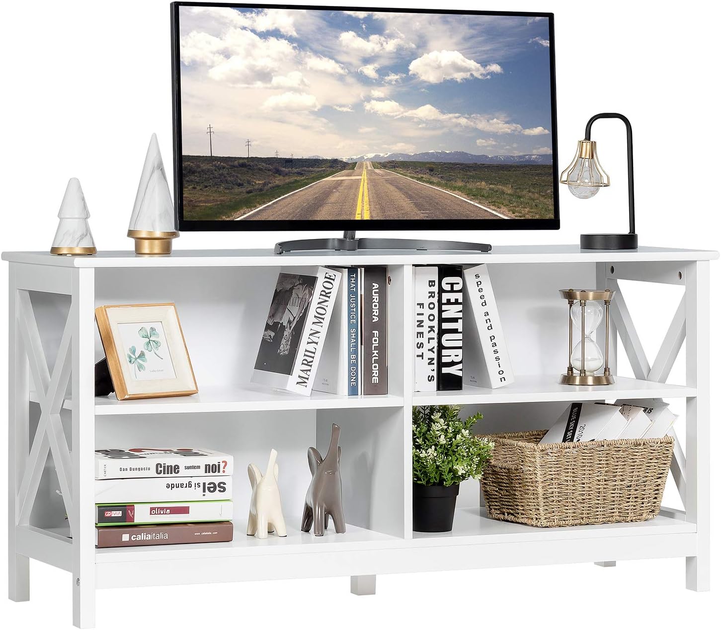 Tangkula White Farmhouse TV Stand Entertainment Center, 47 Inch, 4 Open Shelves, X-Frame