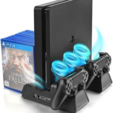 PlayStation 4 Slim/Pro Black Vertical Console Stand with Cooling Fan and Dual Controller Charging Station Game Storage