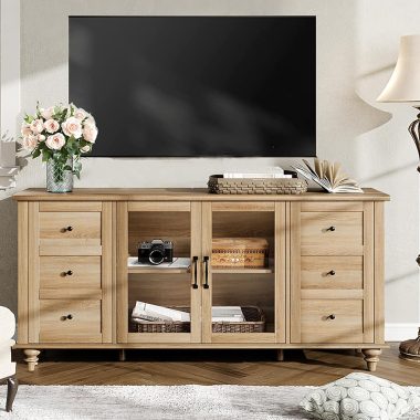 WAMPAT 58 Inch Oak Farmhouse Glass Door TV Stand for TVs up to 75 Inch