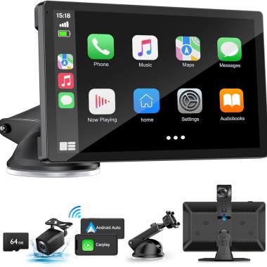 9 Inch Portable Wireless Carplay Android Auto Touchscreen with 4K Dash Cam & 1080p Backup Camera