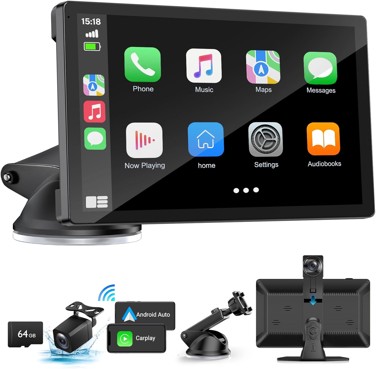 9 Inch Portable Wireless Carplay Android Auto Touchscreen with 4K Dash Cam & 1080p Backup Camera