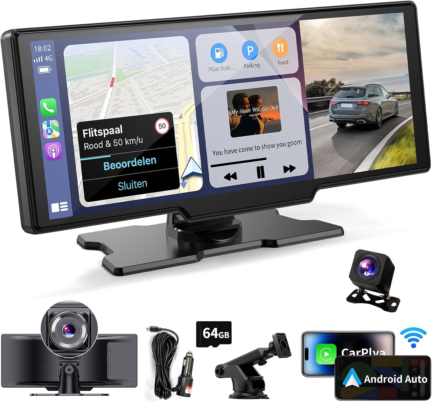 10.26 Inch Wireless Portable Carplay Screen with 4K Dash Cam, Bluetooth and GPS Navigation
