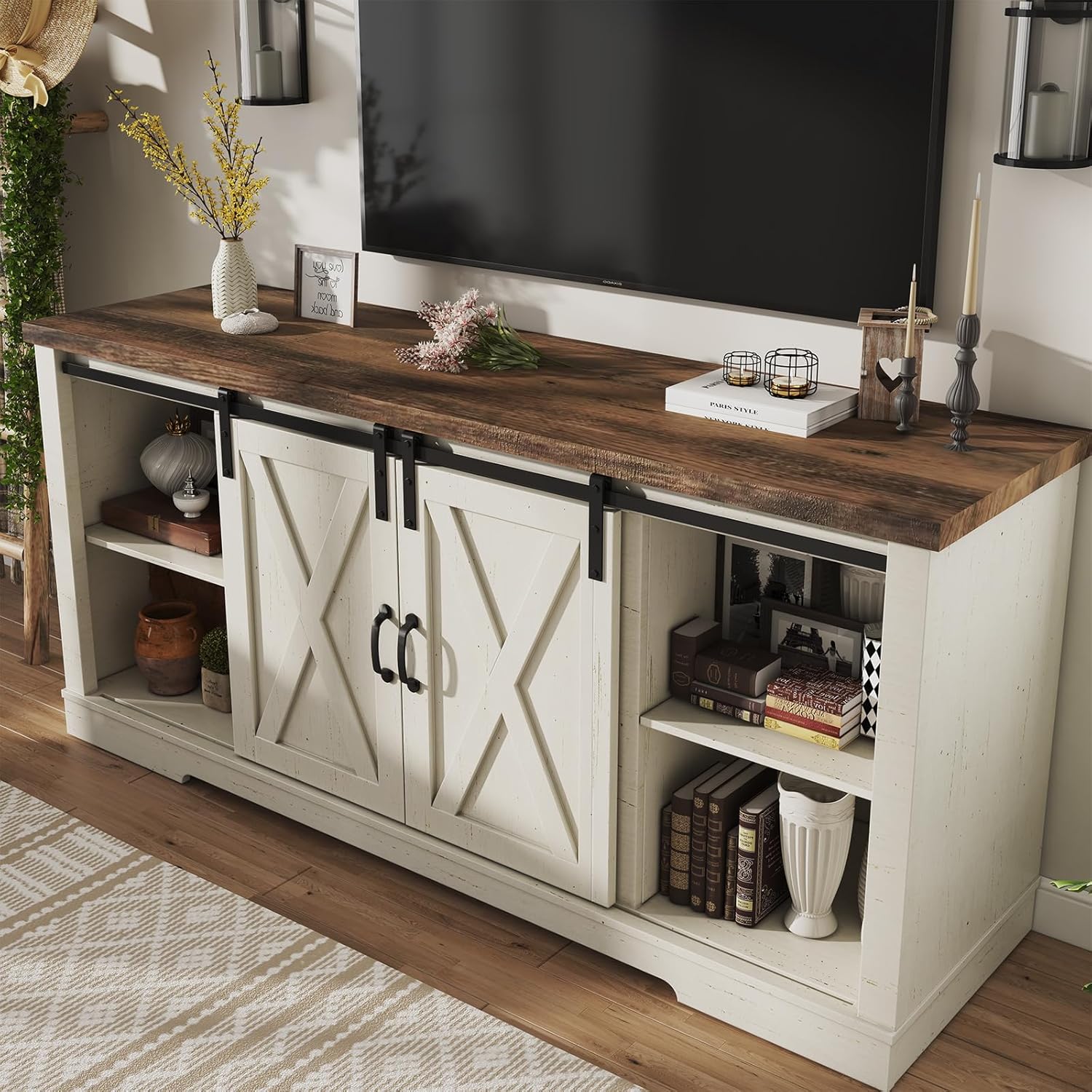 63-inch Farmhouse Fireplace TV Stand with Sliding Barn Door, Distressed White & Barnwood Finish, Holds TVs up to 73 Inches - Image 5