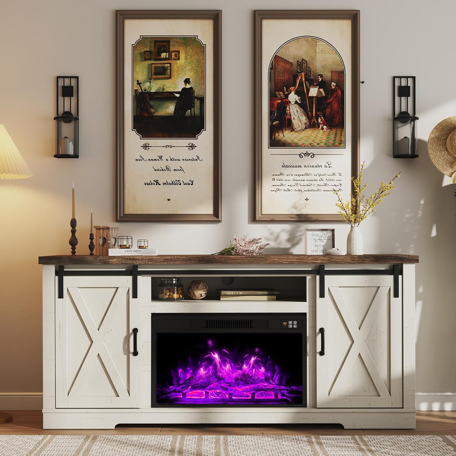 63-inch Farmhouse Fireplace TV Stand with Sliding Barn Door, Distressed White & Barnwood Finish, Holds TVs up to 73 Inches - Image 3