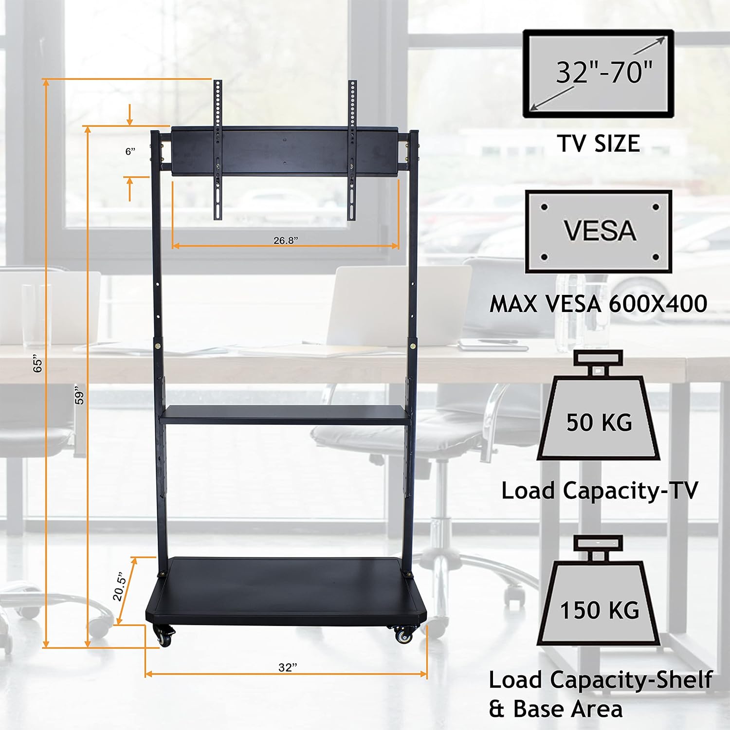 D&V ENGINEERING Adjustable Metal Mobile TV Stand for 32-70 Inch Screens, 200 Kg Capacity - Image 2