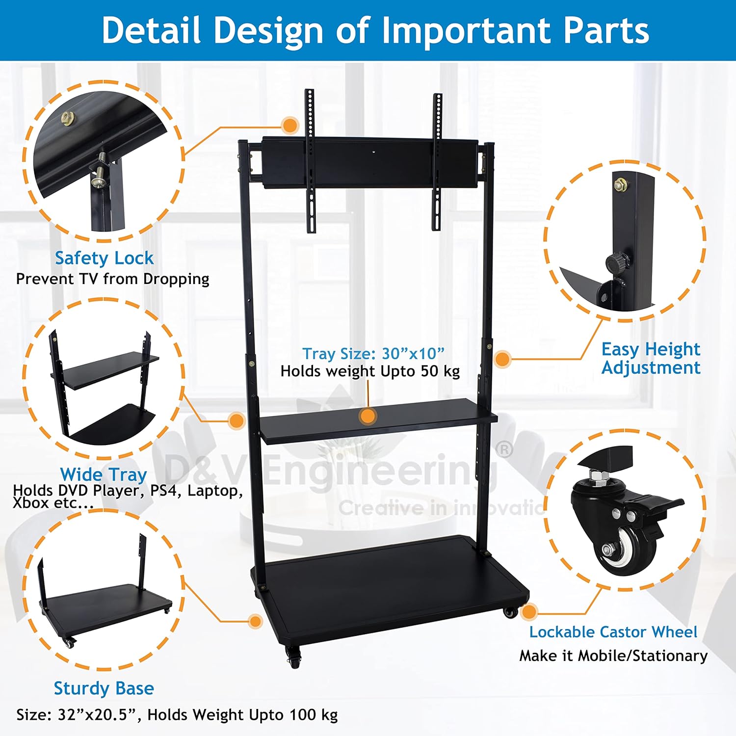 D&V ENGINEERING Adjustable Metal Mobile TV Stand for 32-70 Inch Screens, 200 Kg Capacity - Image 4