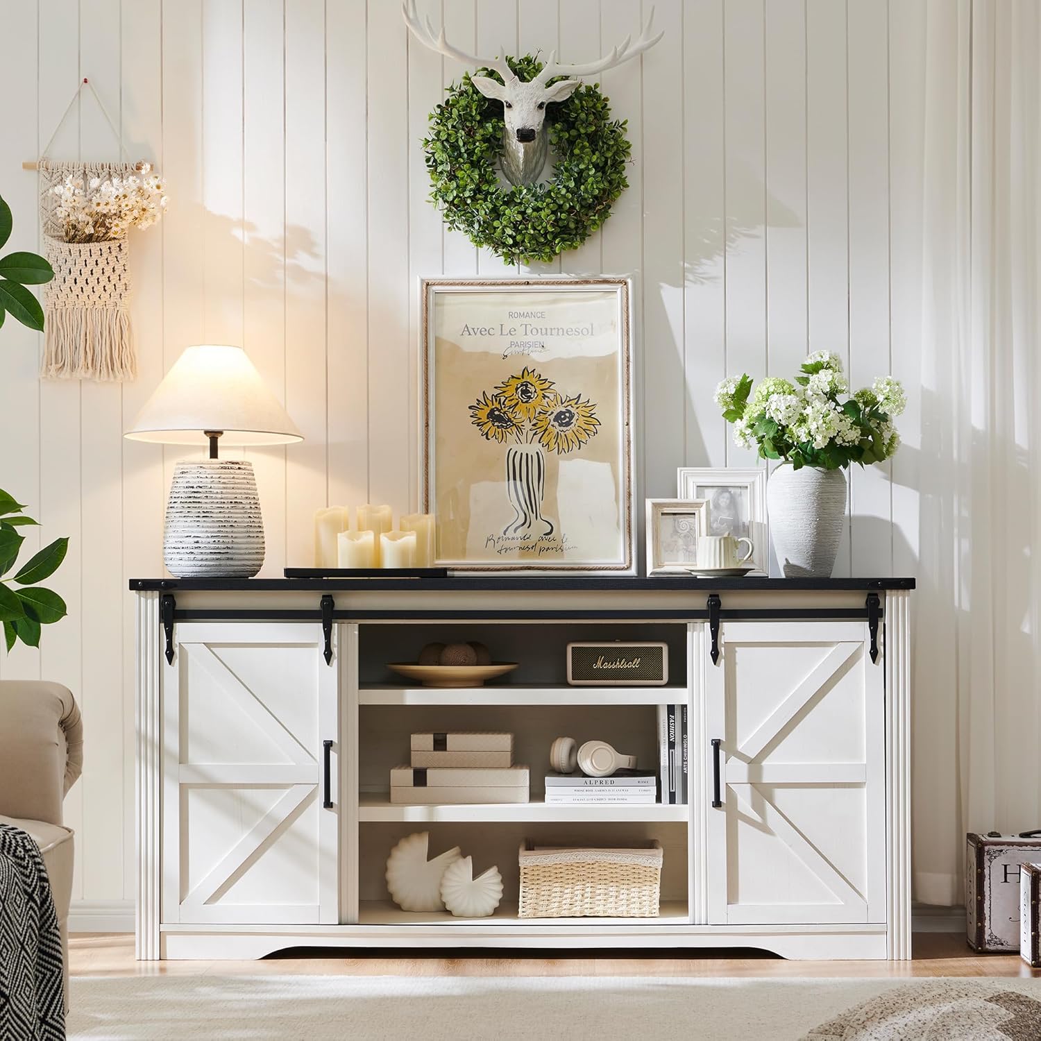 Rustic Farmhouse 66" Wood TV Stand for 75+ Inch TVs, Off White Entertainment Center with Storage Shelves - Image 2