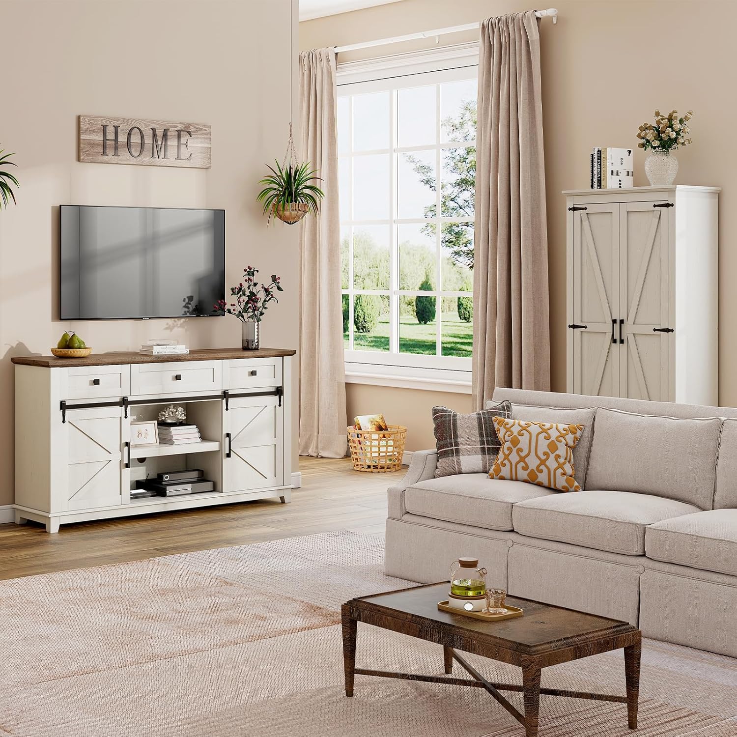 59 Inch Rustic White Barnwood Farmhouse TV Stand with Sliding Door and Drawer Buffet Storage - Image 8