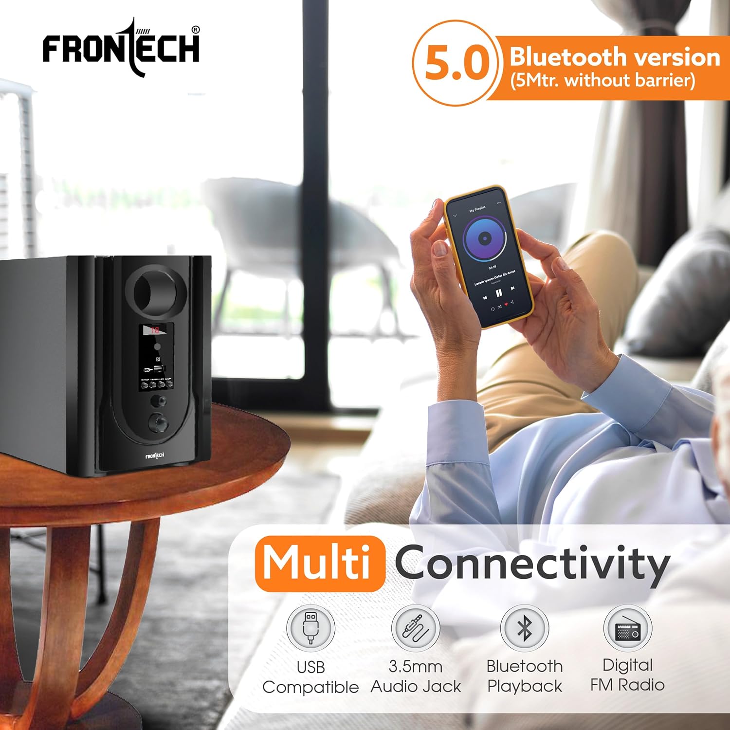FRONTECH 4.1 Channel Bluetooth 5.0 Speaker System 60W USB FM LED Display Black - Image 6