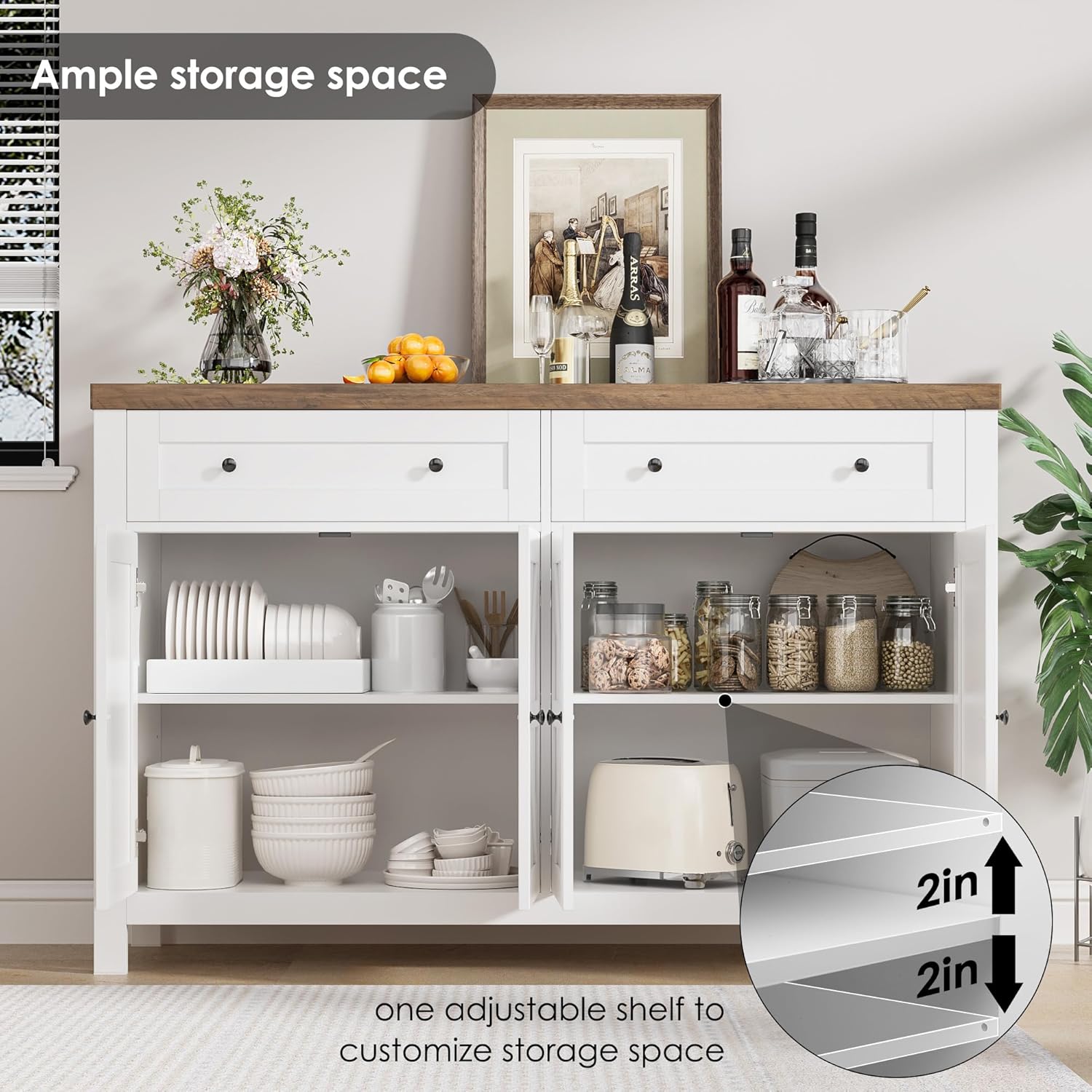 HOSTACK 55 Inch Modern Farmhouse Buffet Sideboard Cabinet with Drawers and Shelves White - Image 5