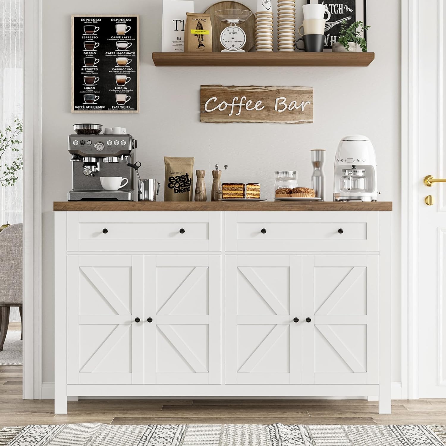 HOSTACK 55 Inch Modern Farmhouse Buffet Sideboard Cabinet with Drawers and Shelves White - Image 7