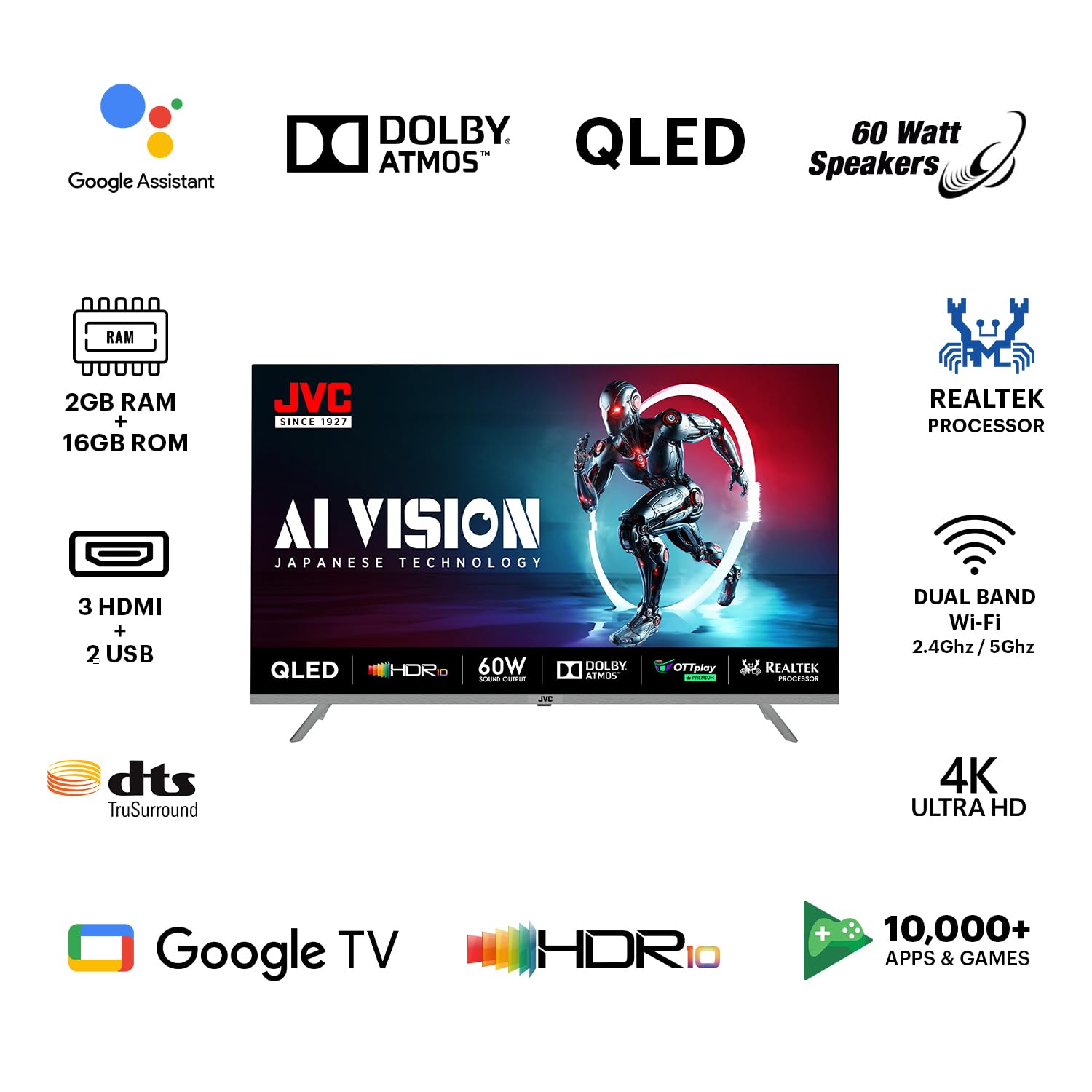 JVC 43 Inch QLED Google TV LT-43NQ7165C Titanium Grey Smart AI Vision - Image 3