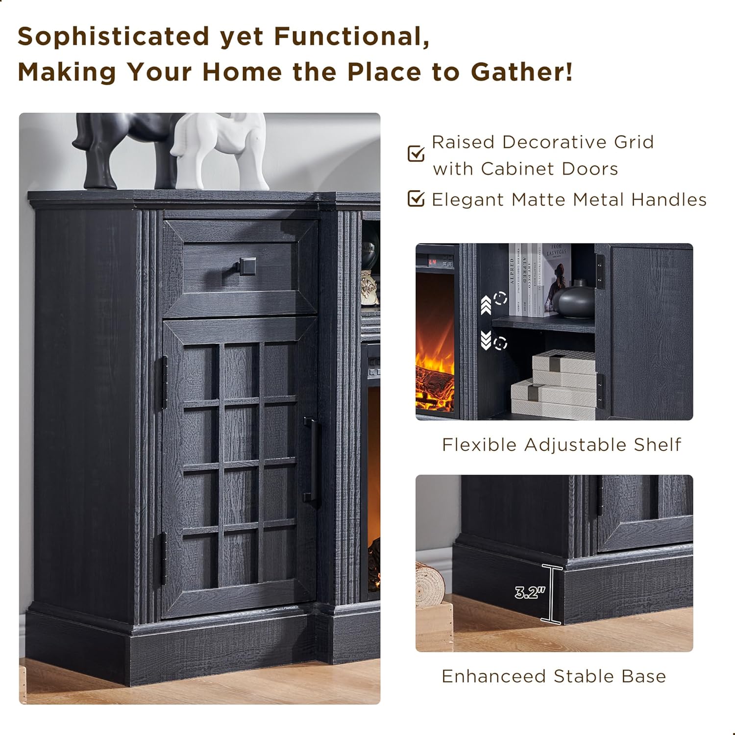 Farmhouse 70 Inch Black TV Stand with 36 Inch Electric Fireplace for TVs up to 80 Inches - Image 4