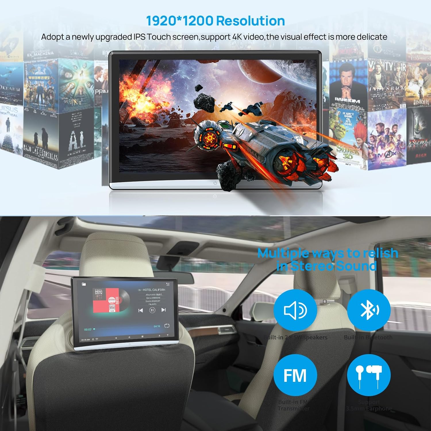 Kaskawise 12.4 Inch Android 11 Touchscreen Car Headrest Monitor 2GB RAM 32GB Storage 4K Mirror Link - Image 3