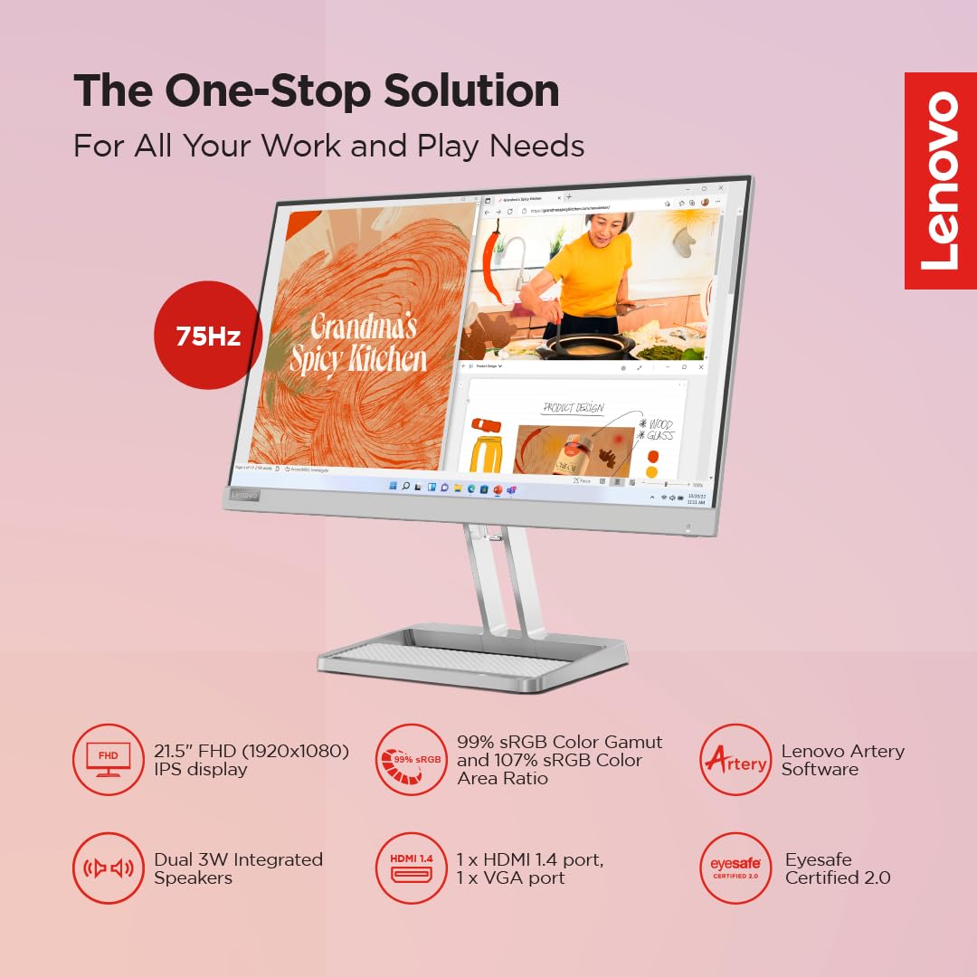 Lenovo L22i-40 22 inch FHD IPS Ultraslim Monitor, 75Hz, 99% sRGB, 4ms, Grey - Image 2