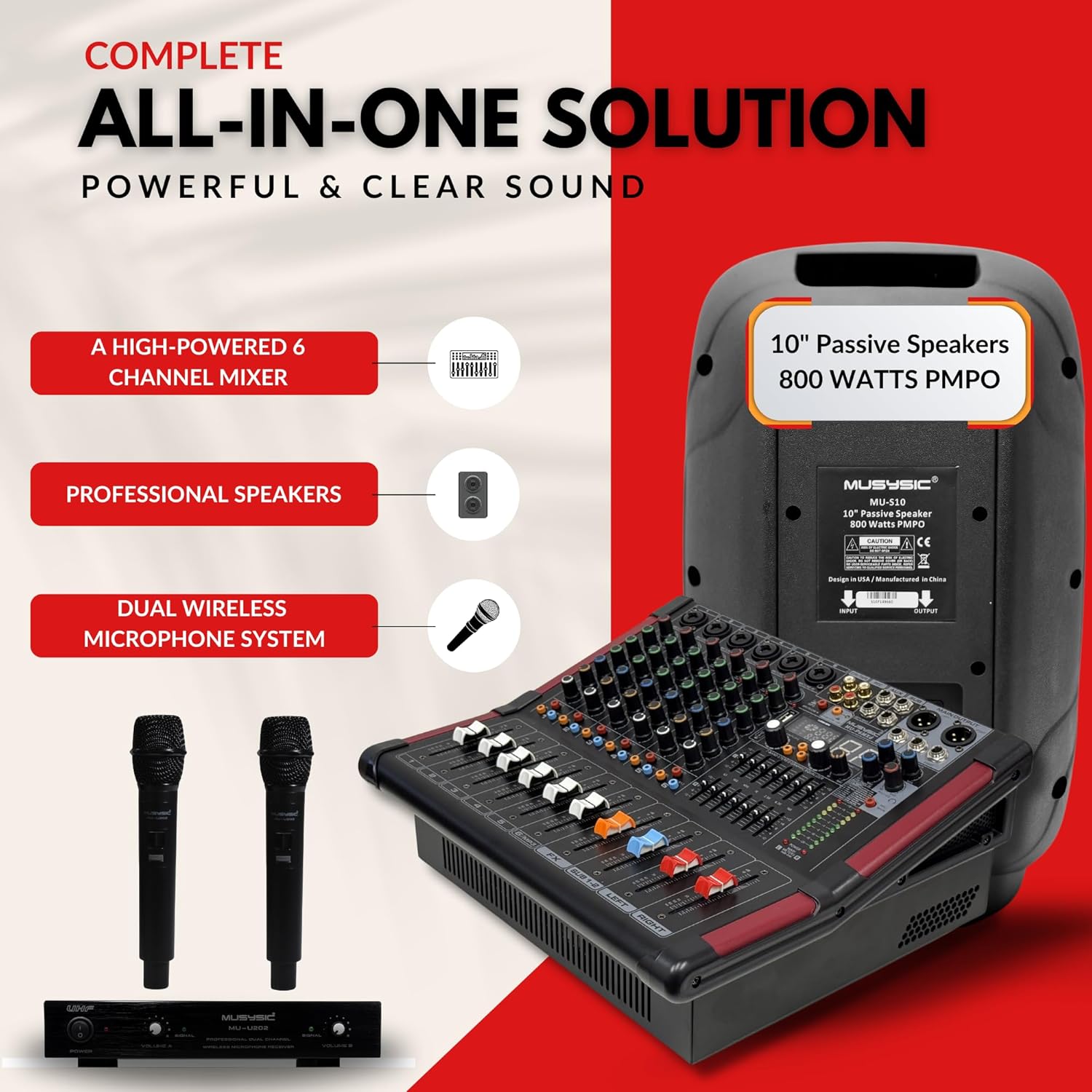 MUSYSIC Portable 2000W PA System 6 Channel Mixer with UHF Wireless Microphone and 10 Inch 800W Speaker, Includes Stands - Image 2
