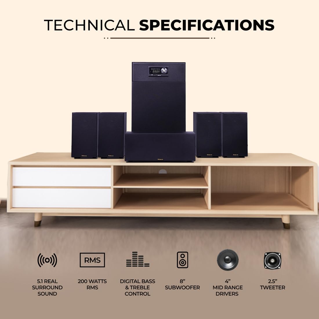 OBAGE New 5.1 CH Home Theater System 200W, 8" Subwoofer, BT v5.3, HDMI ARC, Dark Black - Image 3