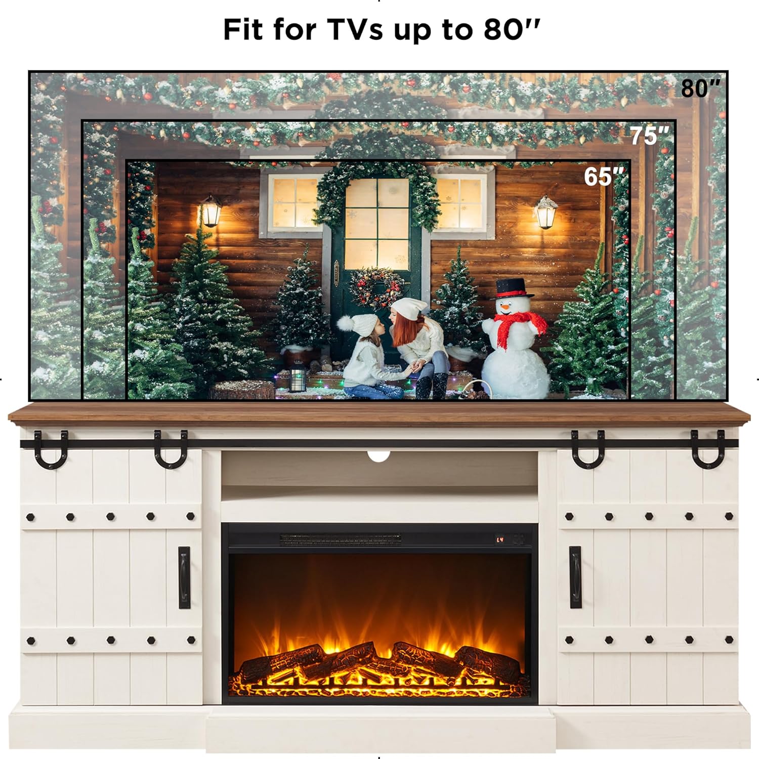 OKD 70 Inch Farmhouse Highboy TV Stand with 30 Inch Electric Fireplace, Rustic Antique White - Image 6